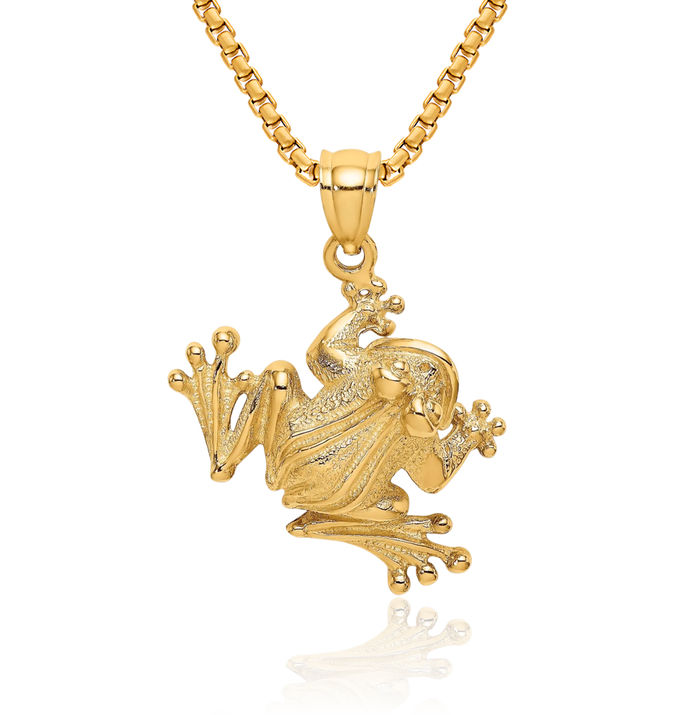 14K Solid Yellow Gold Frog Necklace Chain Pendant Charm