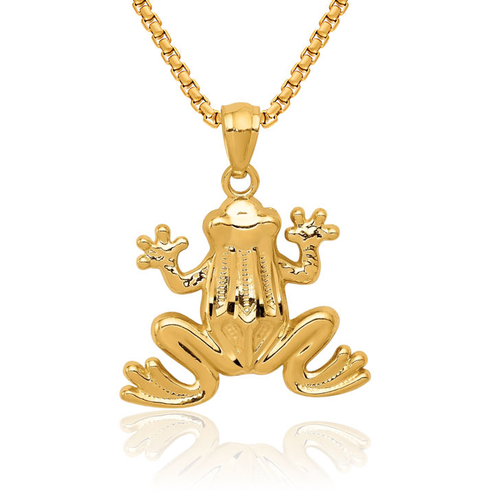 14K Solid Yellow Gold Frog Necklace Chain Pendant Charm