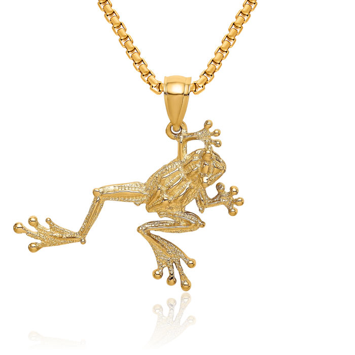 14K Solid Yellow Gold Frog Necklace Chain Pendant Charm
