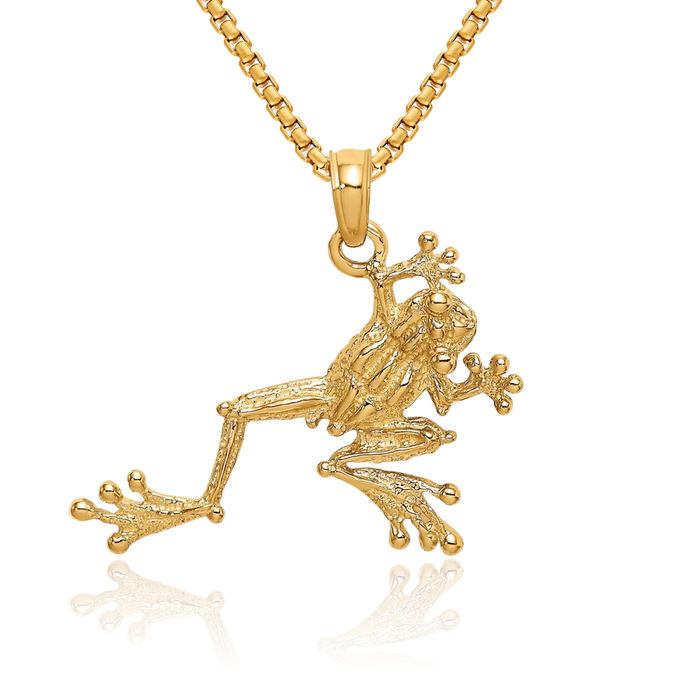 14K Solid Yellow Gold Frog Necklace Chain Pendant Charm