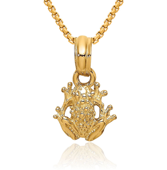 14K Solid Yellow Gold Frog Necklace Chain Pendant Charm