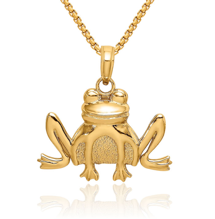 14K Solid Yellow Gold Frog Necklace Chain Pendant Charm