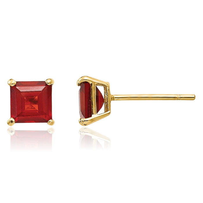 14K Solid Yellow Gold Red Garnet 4mm Square Studs Gemstone Earrings January Birthstone Jewelry