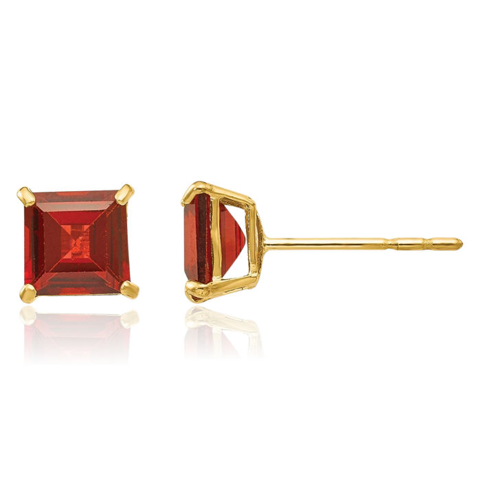 14K Solid Yellow Gold Red Garnet 5mm Square Studs Gemstone Earrings January Birthstone Jewelry