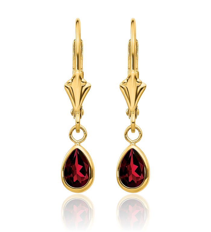 14K Solid Yellow Gold Red Garnet Drop Dangle Earrings Pear Teardrop Gemstone January Birthstone Jewelry