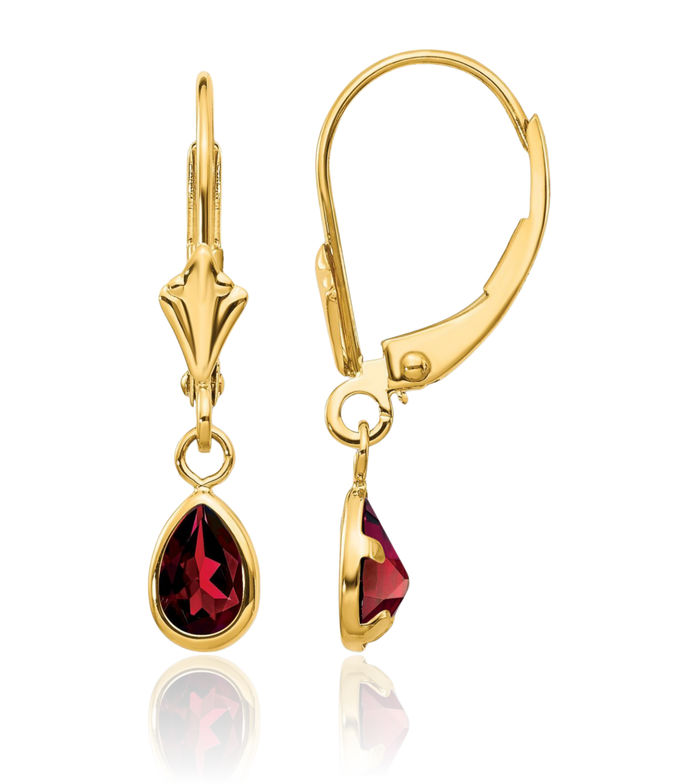 14K Solid Yellow Gold Red Garnet Drop Dangle Earrings Pear Teardrop Gemstone January Birthstone Jewelry