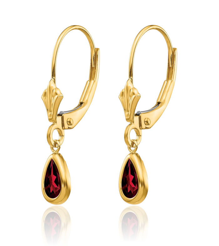 14K Solid Yellow Gold Red Garnet Drop Dangle Earrings Pear Teardrop Gemstone January Birthstone Jewelry