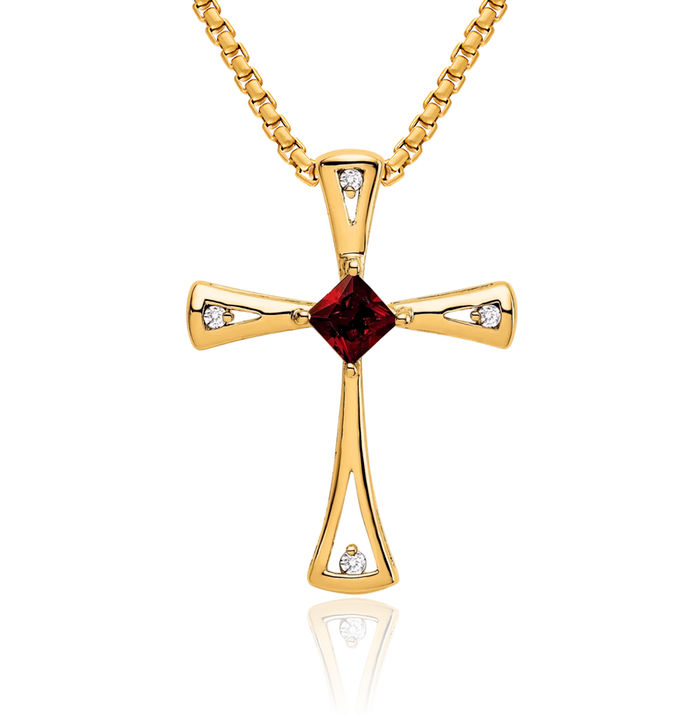 14K Solid Yellow Gold Red Garnet Diamond Holy Cross Floating Chain Slide Pendant Necklace Religious Jesus Christ Charm