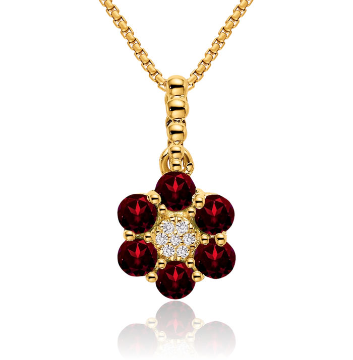 14K Solid Yellow Gold Red Garnet Diamond Flower Necklace Charm Gemstone Pendant