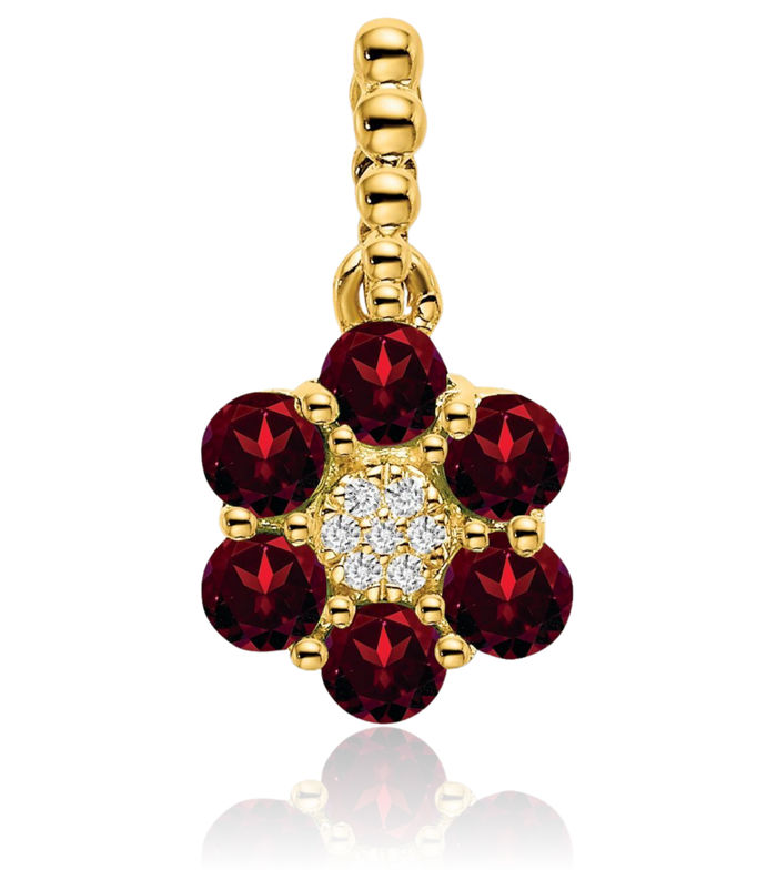 14K Solid Yellow Gold Red Garnet Diamond Flower Necklace Charm Gemstone Pendant