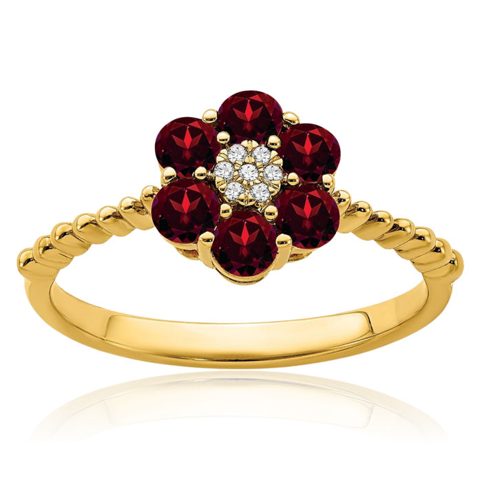 14K Solid Yellow Gold Red Garnet Diamond Flower Ring Gemstone Band January Birthstone Jewelry