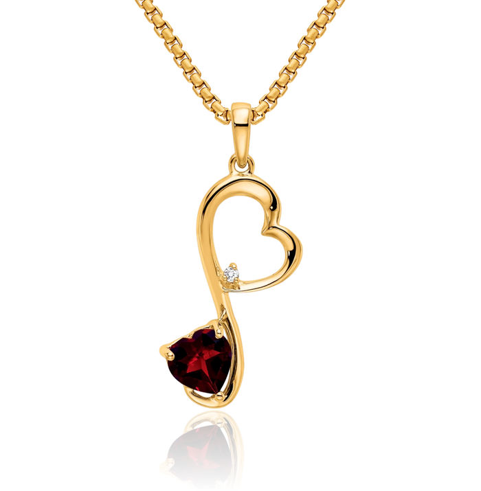 14K Solid Yellow Gold Red Garnet Diamond Heart Necklace Charm Gemstone Pendant