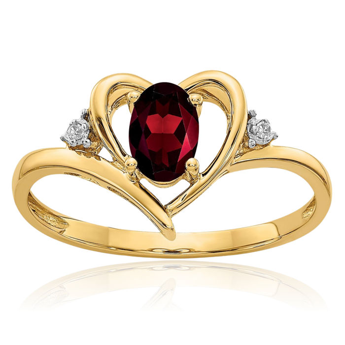 14K Solid Yellow Gold Red Garnet Diamond Heart Ring Love Band January Birthstone Jewelry