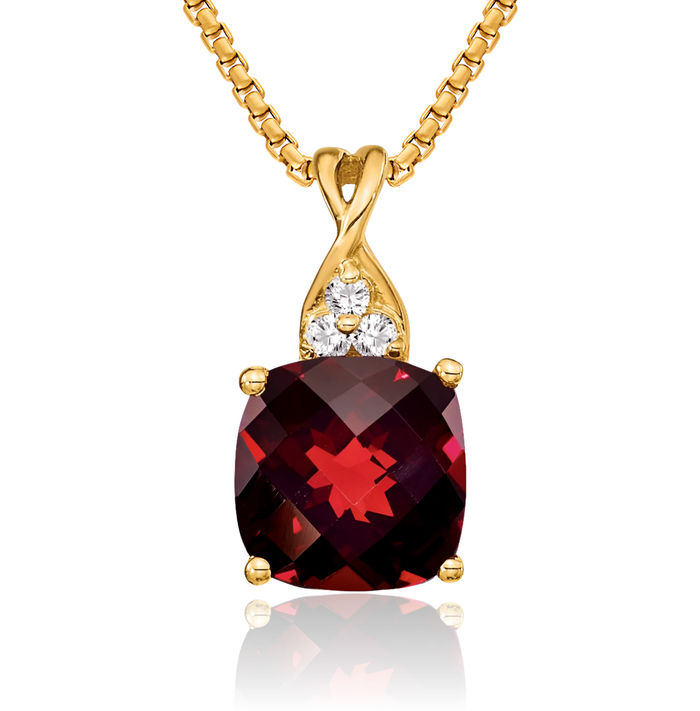 14K Solid Yellow Gold Red Garnet Diamond Necklace Charm Gemstone Pendant January Birthstone Jewelry