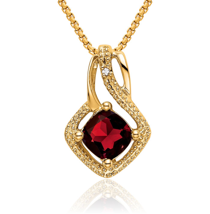 14K Solid Yellow Gold Red Garnet Diamond Necklace Charm Gemstone Pendant