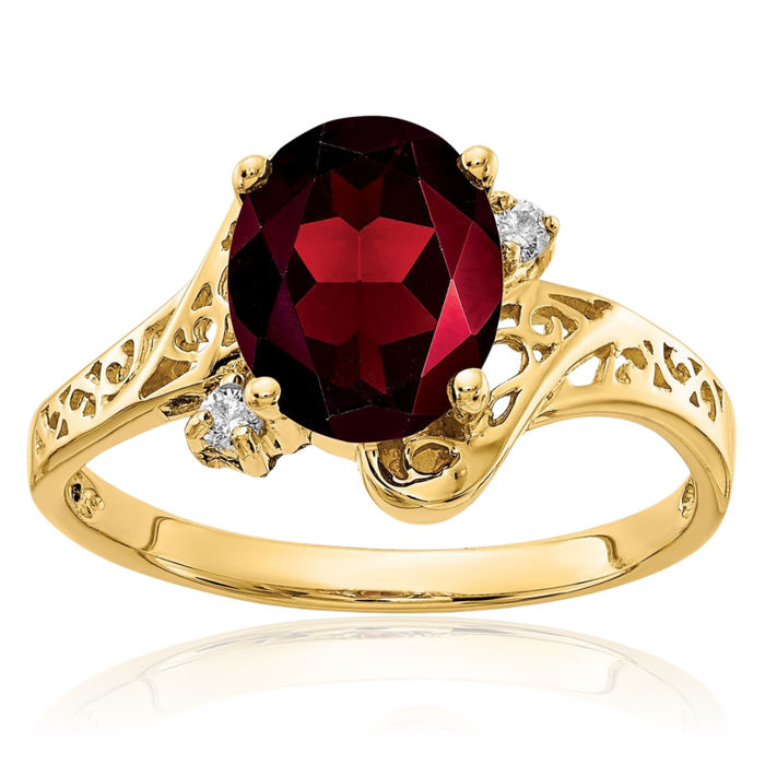 14K Solid Yellow Gold Red Garnet Diamond Ring Gemstone Band January Birthstone Jewelry