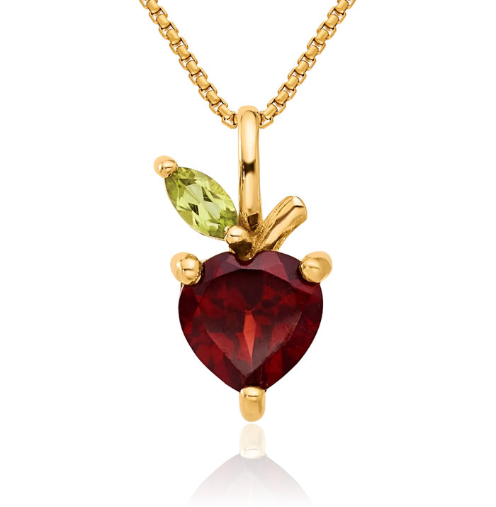 14K Solid Yellow Gold Red Garnet Green Peridot Apples Floating Chain Slide Gemstone Pendant Necklace Heart Charm