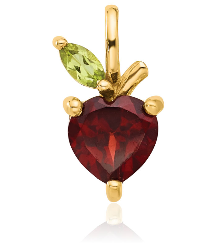 14K Solid Yellow Gold Red Garnet Green Peridot Apples Floating Chain Slide Gemstone Pendant Necklace Heart Charm