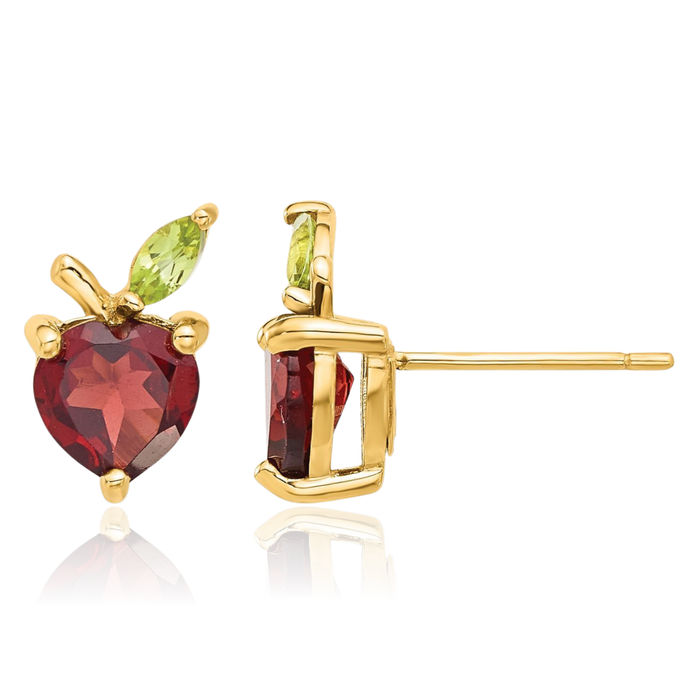 14K Solid Yellow Gold Red Garnet Green Peridot Apples Stud Heart Earrings