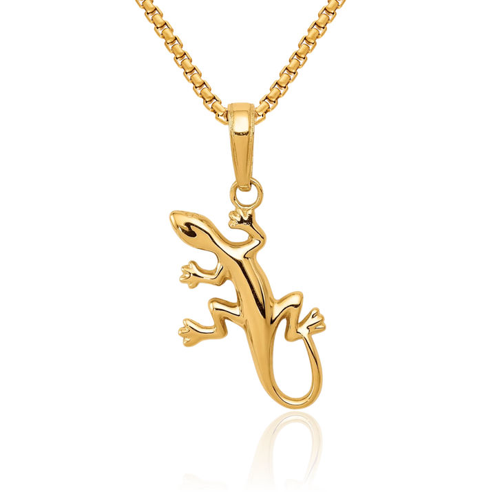 14K Solid Yellow Gold Gecko Lizard Necklace Chain Pendant Charm