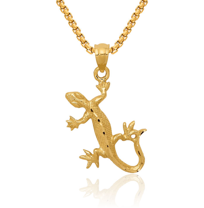 14K Solid Yellow Gold Gecko Lizard Necklace Chain Pendant Charm