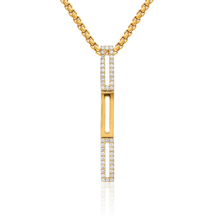 14K Solid Yellow Gold Geometric Link Diamond Floating Chain Slide Pendant Necklace Charm