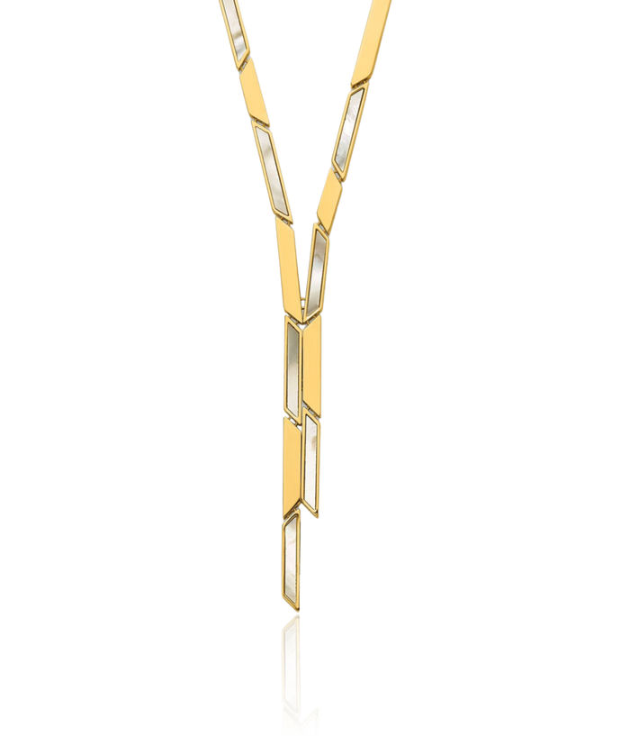 14K Solid Yellow Gold Geometric Mother of Pearl Drop Necklace