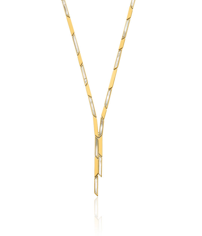 14K Solid Yellow Gold Geometric Mother of Pearl Drop Necklace