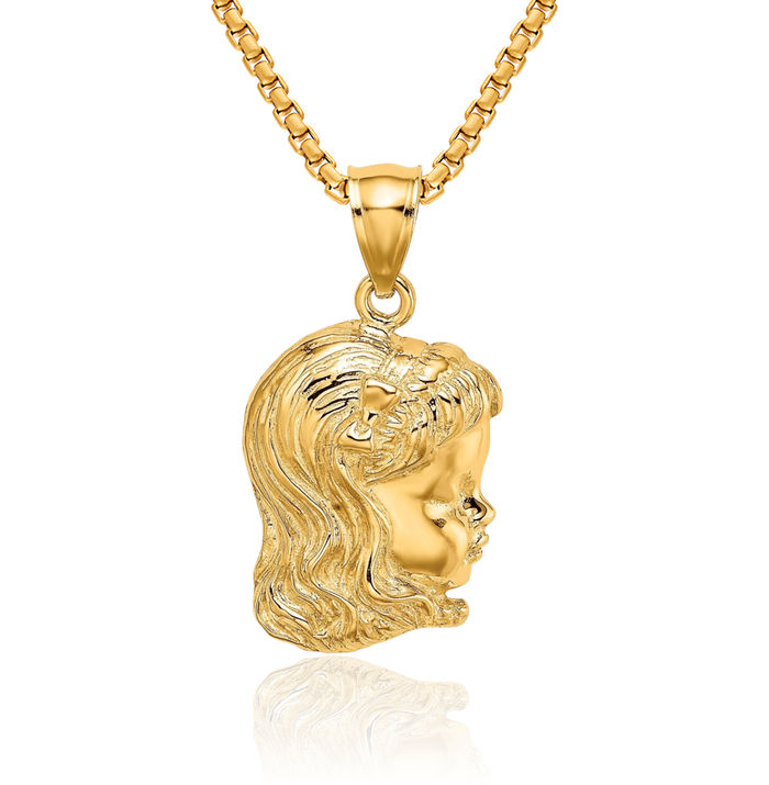 14K Solid Yellow Gold Girl Head Necklace Chain Pendant Charm