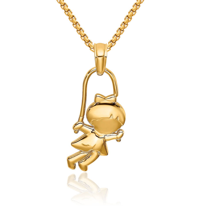 14K Solid Yellow Gold Girl Jump Rope Necklace Chain Pendant Charm