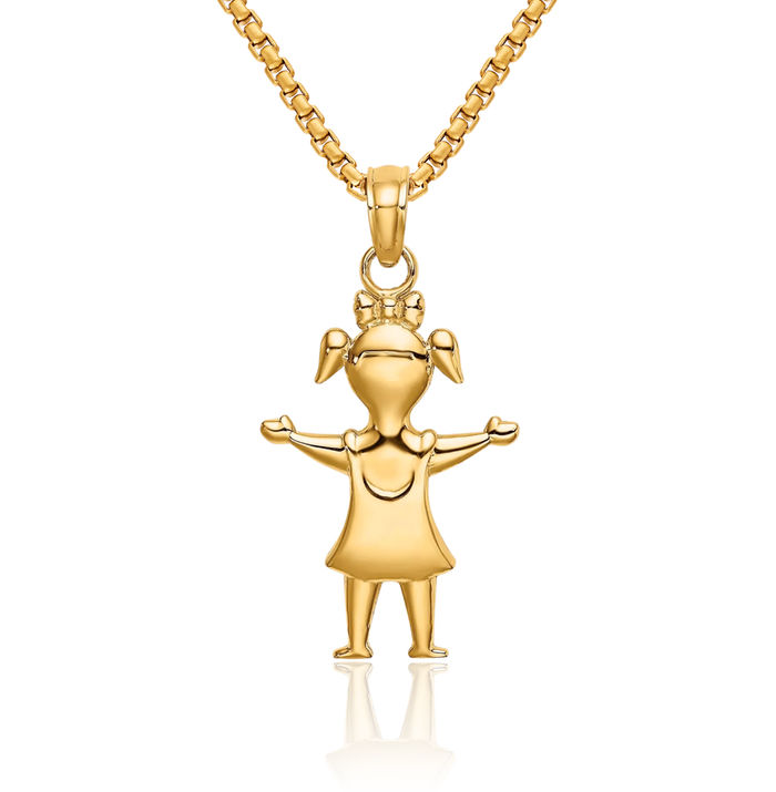 14K Solid Yellow Gold Girl Pig Tails Necklace Chain Pendant Charm