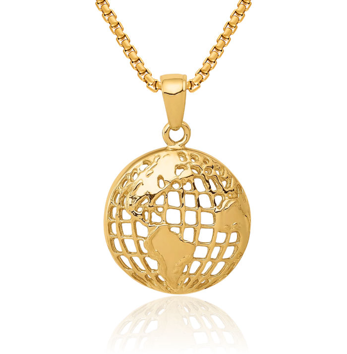 14K Solid Yellow Gold Globe Necklace Chain Pendant Charm