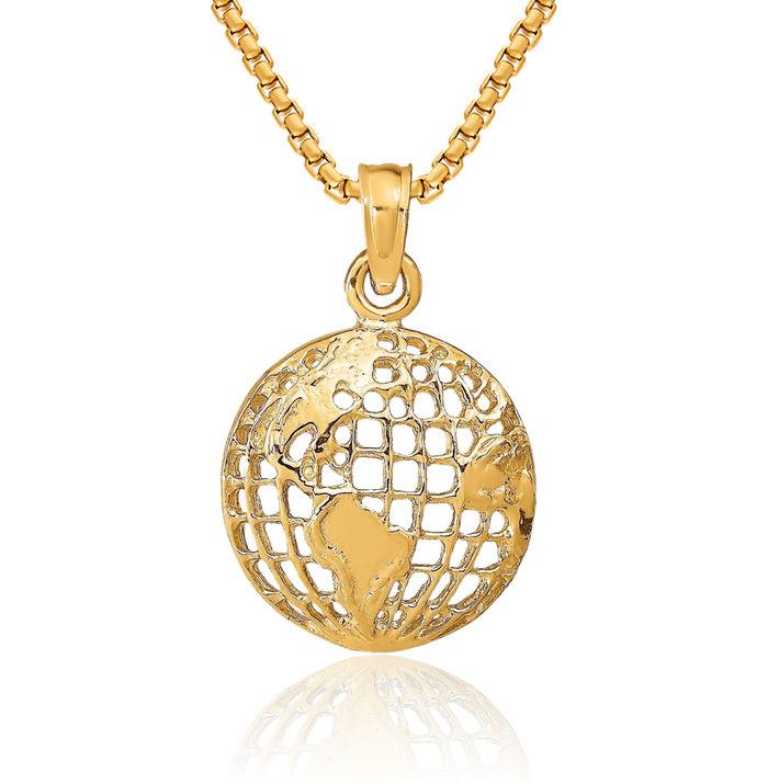 14K Solid Yellow Gold Globe Necklace Chain Pendant Charm