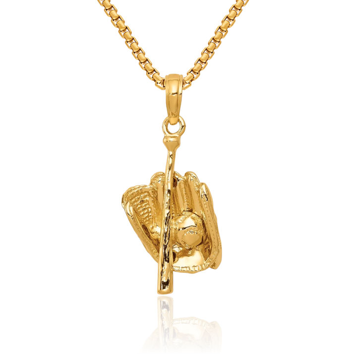 14K Solid Yellow Gold Glove Bat Baseball Necklace Softball Charm Sports Pendant