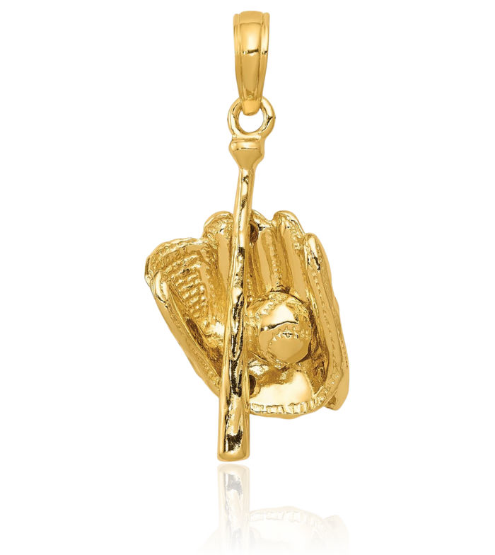 14K Solid Yellow Gold Glove Bat Baseball Necklace Softball Charm Sports Pendant