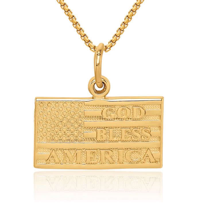 14K Solid Yellow Gold God Bless America Flag Necklace Chain Pendant Charm