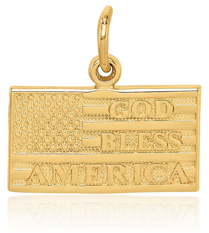 14K Solid Yellow Gold God Bless America Flag Necklace Chain Pendant Charm