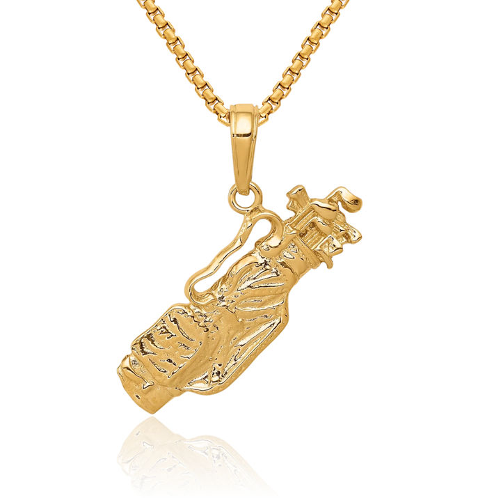 14K Solid Yellow Gold Golf Bag Clubs Necklace Charm Sports Pendant