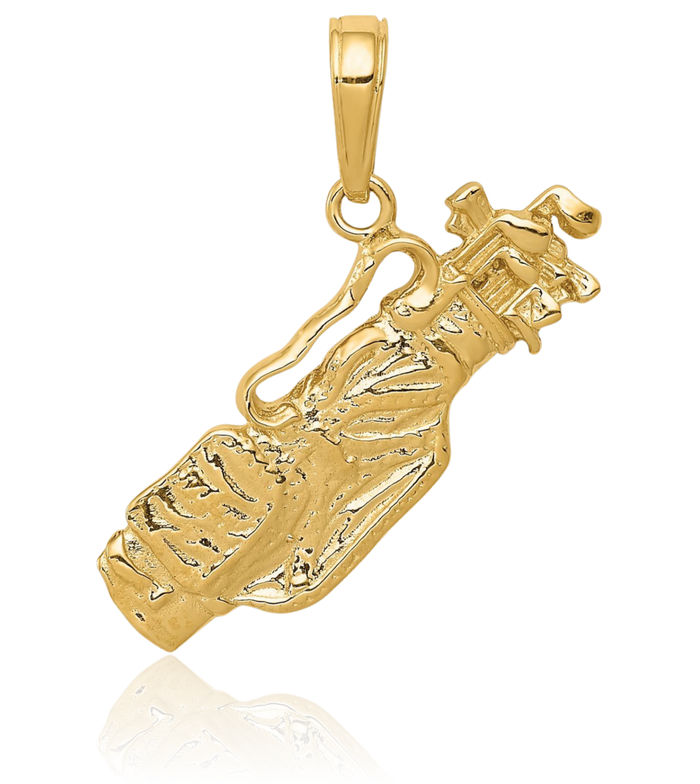 14K Solid Yellow Gold Golf Bag Clubs Necklace Charm Sports Pendant