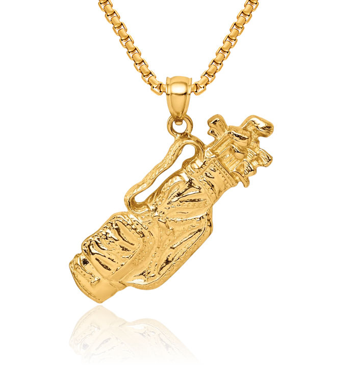 14K Solid Yellow Gold Golf Bag Clubs Necklace Charm Sports Pendant