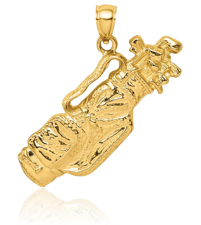 14K Solid Yellow Gold Golf Bag Clubs Necklace Charm Sports Pendant