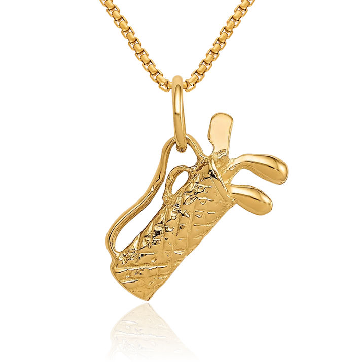 14K Solid Yellow Gold Golf Bag Necklace Charm Sports Pendant