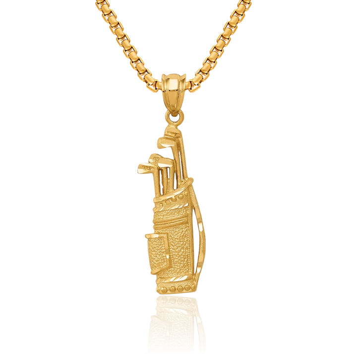 14K Solid Yellow Gold Golf Bag Necklace Charm Sports Pendant