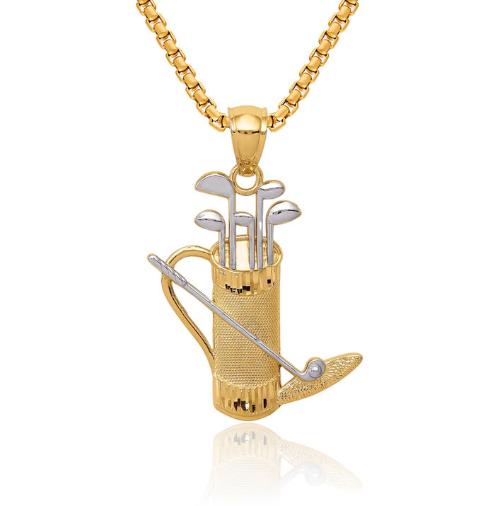 14K Solid Yellow Gold Golf Bag Necklace Charm Sports Pendant