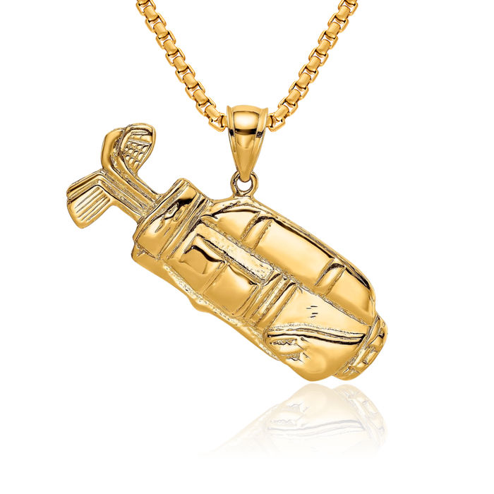 14K Solid Yellow Gold Golf Bag Necklace Charm Sports Pendant