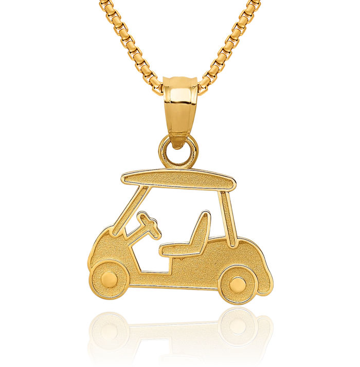 14K Solid Yellow Gold Golf Cart Necklace Charm Sports Pendant