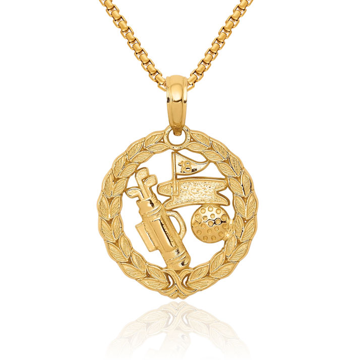 14K Solid Yellow Gold Golf Necklace Charm Sports Pendant