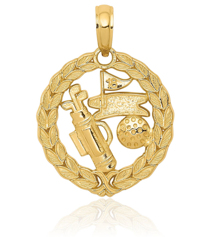 14K Solid Yellow Gold Golf Necklace Charm Sports Pendant
