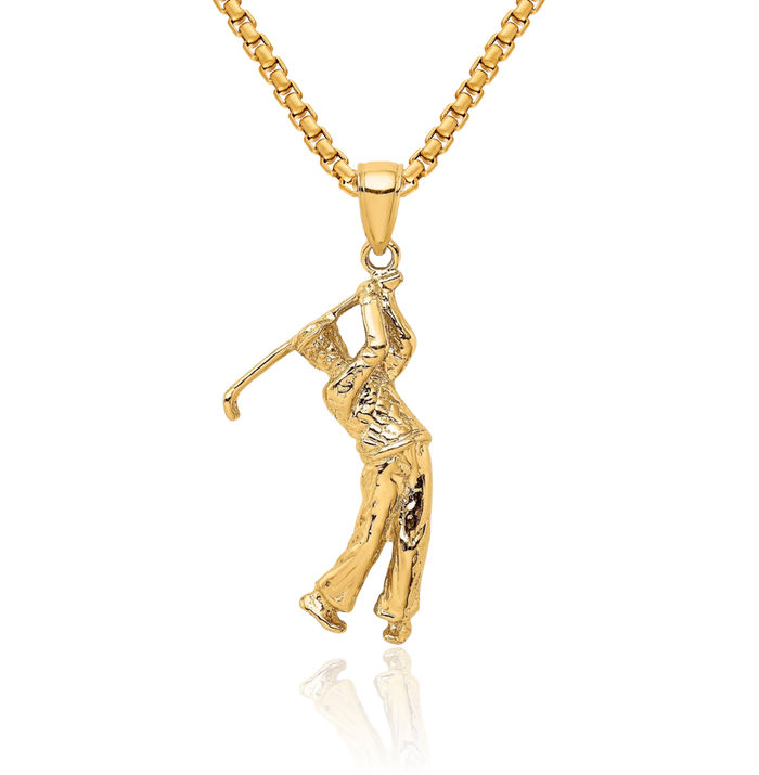 14K Solid Yellow Gold Golf Swing Necklace Charm Sports Pendant