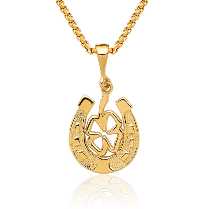 14K Solid Yellow Gold Good Luck Lucky Clover Shamrock Flower Leaf Necklace Chain Pendant Charm